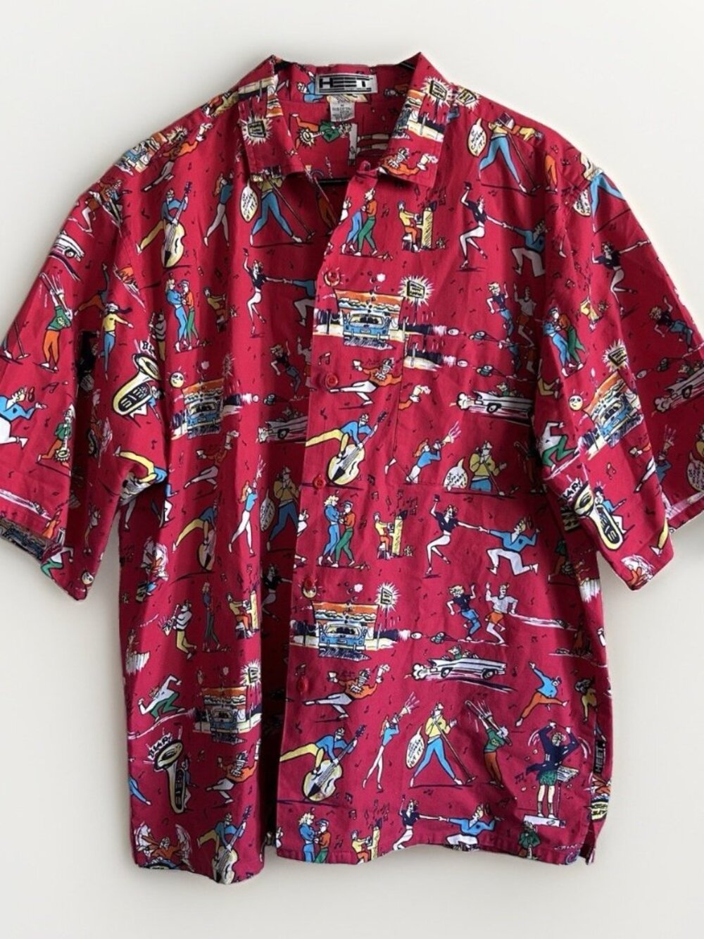 Vtg HEET Sportswear Shirt Men Pop Art Novelty Print 1950s Retro Red Button Up M